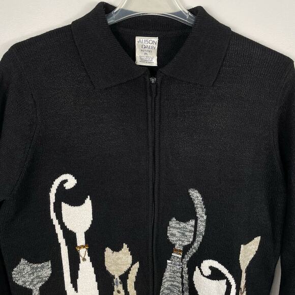 VTG Allison Daley Beaded Cat Sweater Size PL Black Full Zip Cardigan Fun Classic - Picture 4 of 16